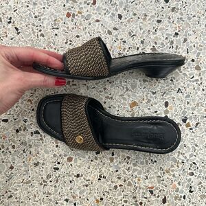 Eric Javits raffia rattan brown gold slide kitten heel 5